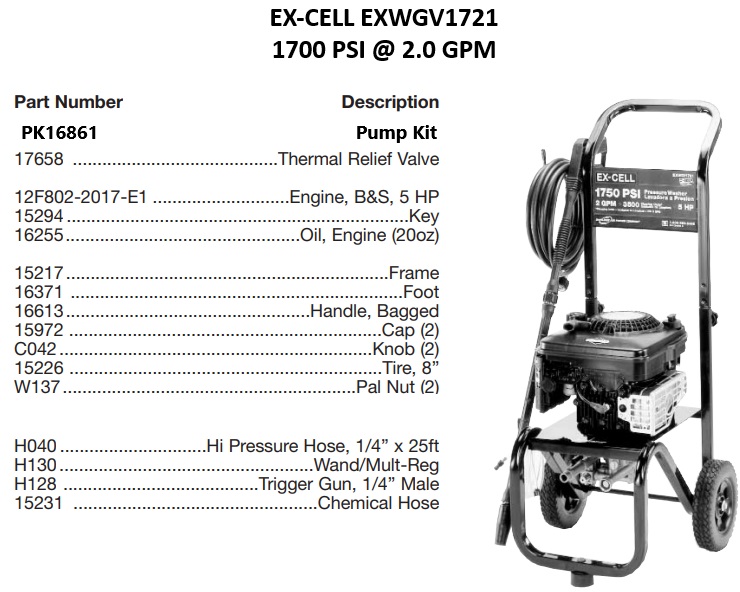 EXCELL EXWGV1721 power washer repair kits & manuals